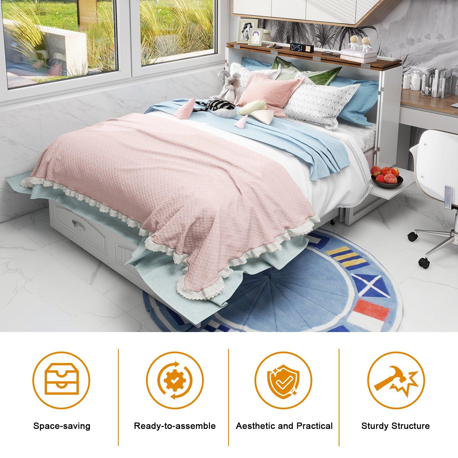 Queen Murphy Bed Cabinet with Storage, USB Ports & Drawer - PRHOMZ