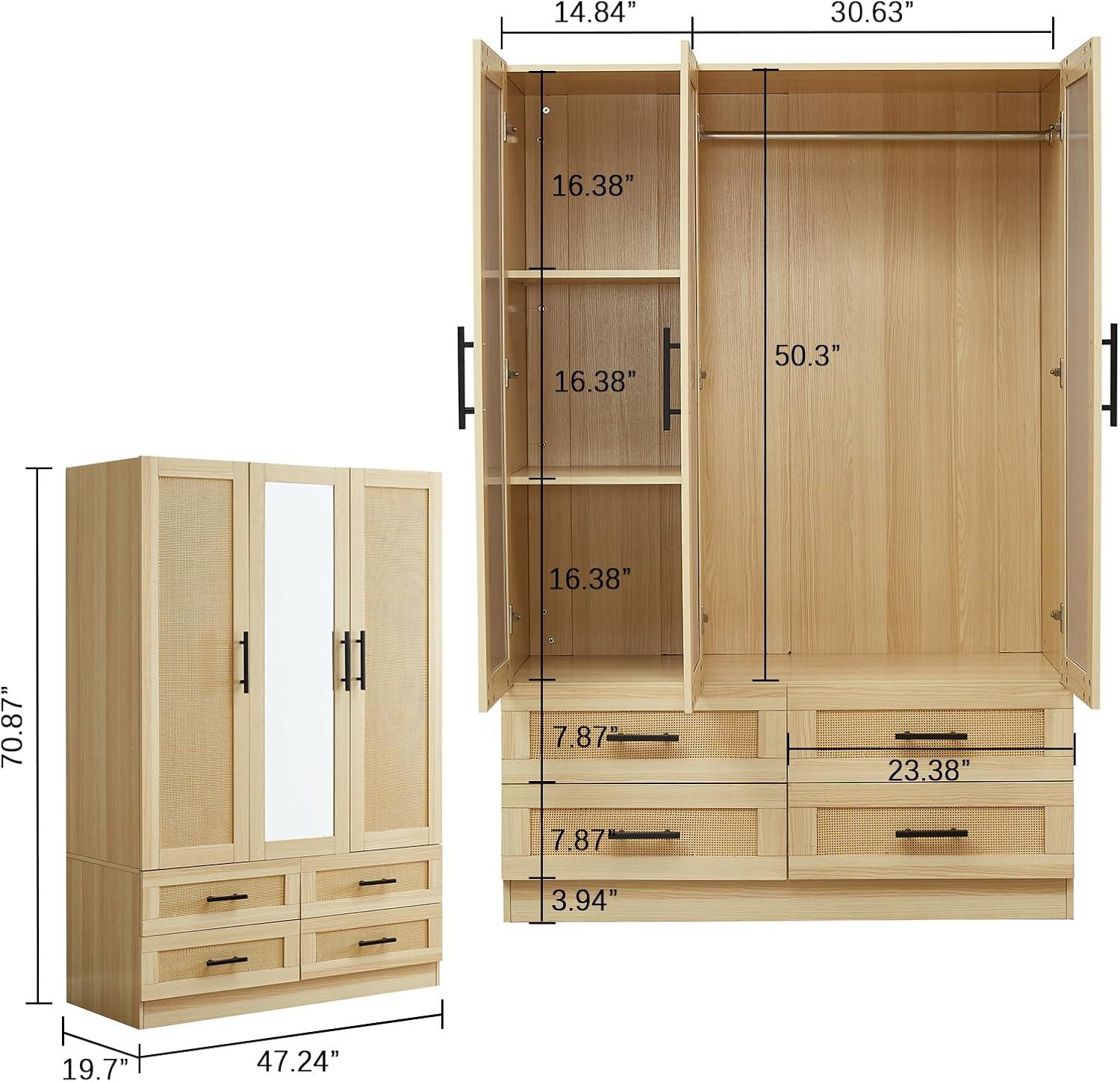 Rattan Wardrobe Closet with 3 Doors & Mirror | 71" H Wooden Armoire Cabinet with Hanging Rod for Bedroom - PRHOMZ