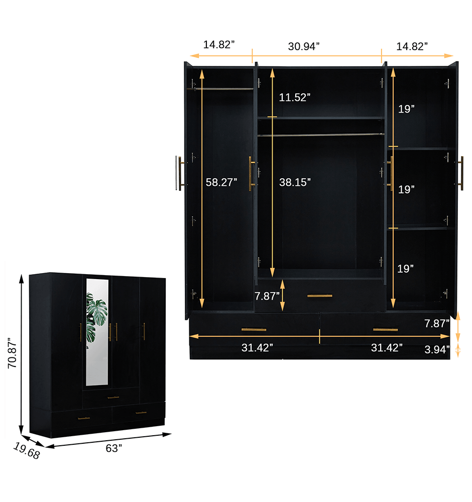 4-Door Wooden Armoire Wardrobe Closet with Mirror, Shelves & Hanging Rail | Black Large Capacity Clothes Storage - PRHOMZ