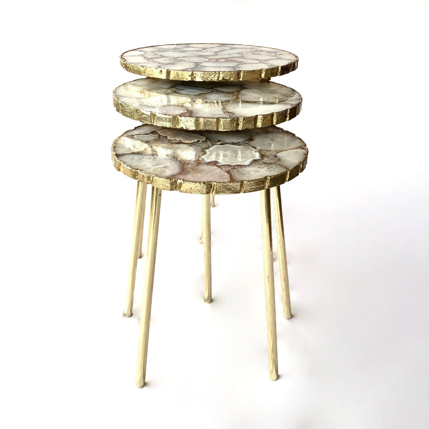 White Crystal Agate Partial Nesting Tables (Set of 3) | 16", 14", 12" Diameter-0