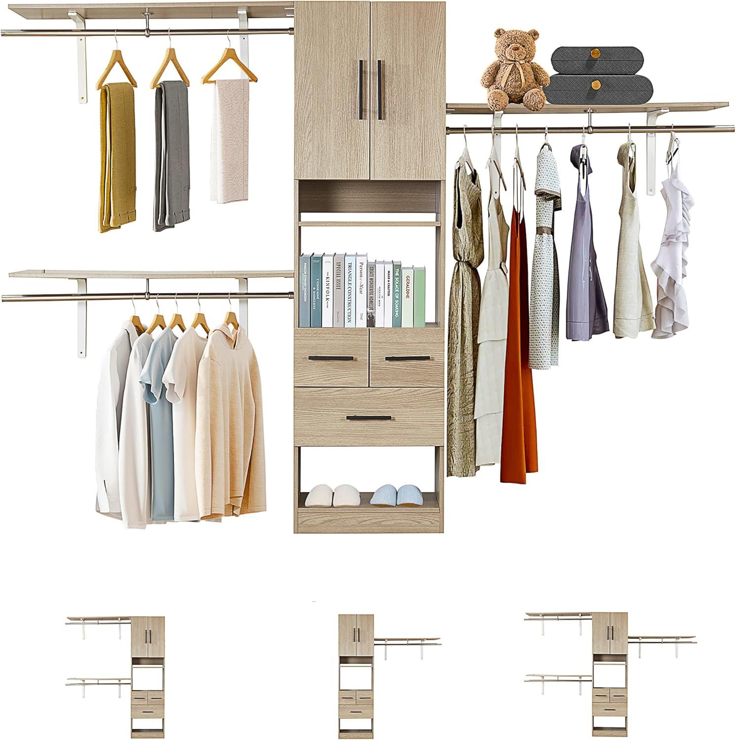 8FT Brown Built-In Closet System with 3 Drawers, 2 Doors, Shelves, Towers & Hanging Rods – Wood Organizer for Bedroom Storage - PRHOMZ