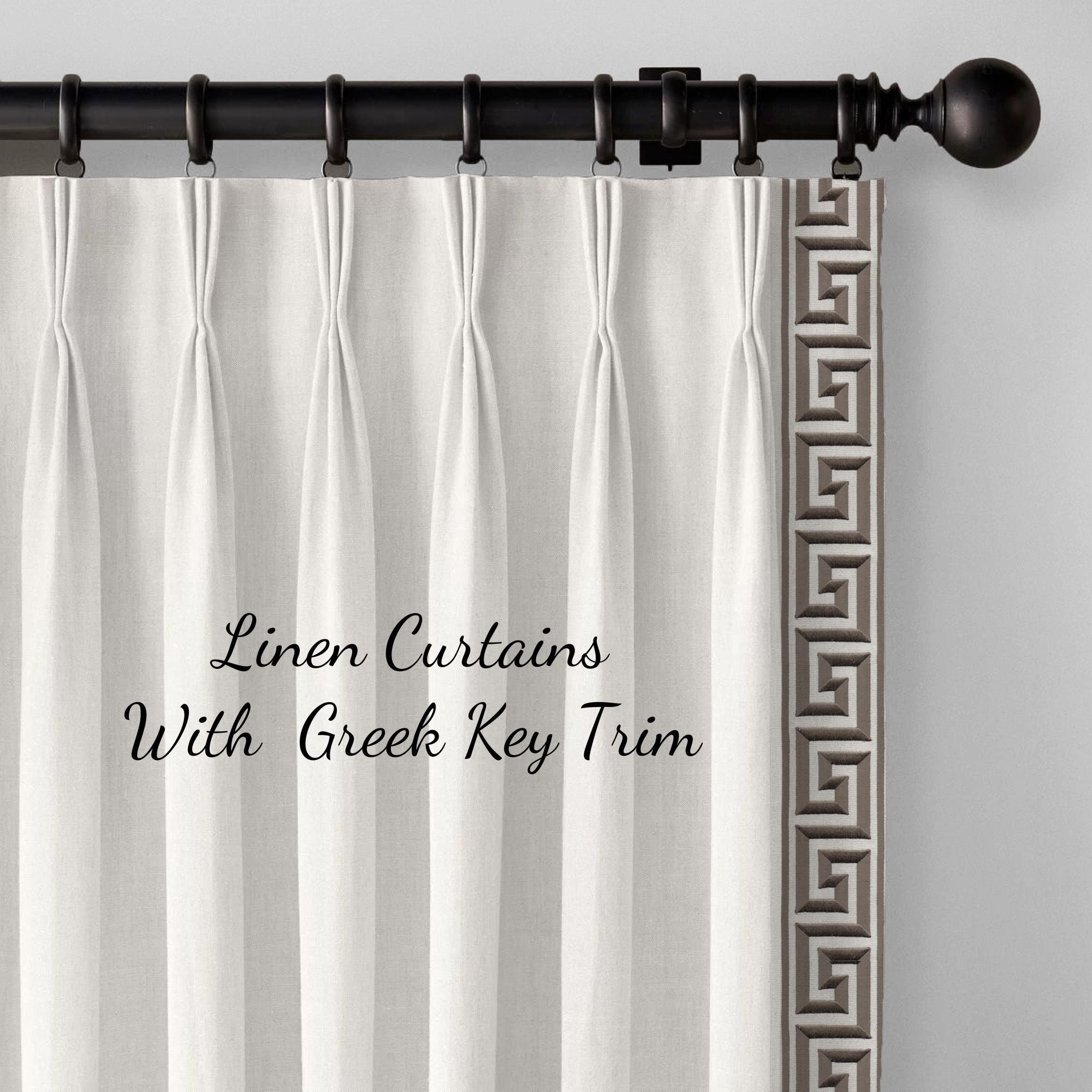 Luxury GOTS Certified White Linen Curtains | Triple Pinch Pleat | Greek Key Trim (19 Colours) | Custom Sizes-0