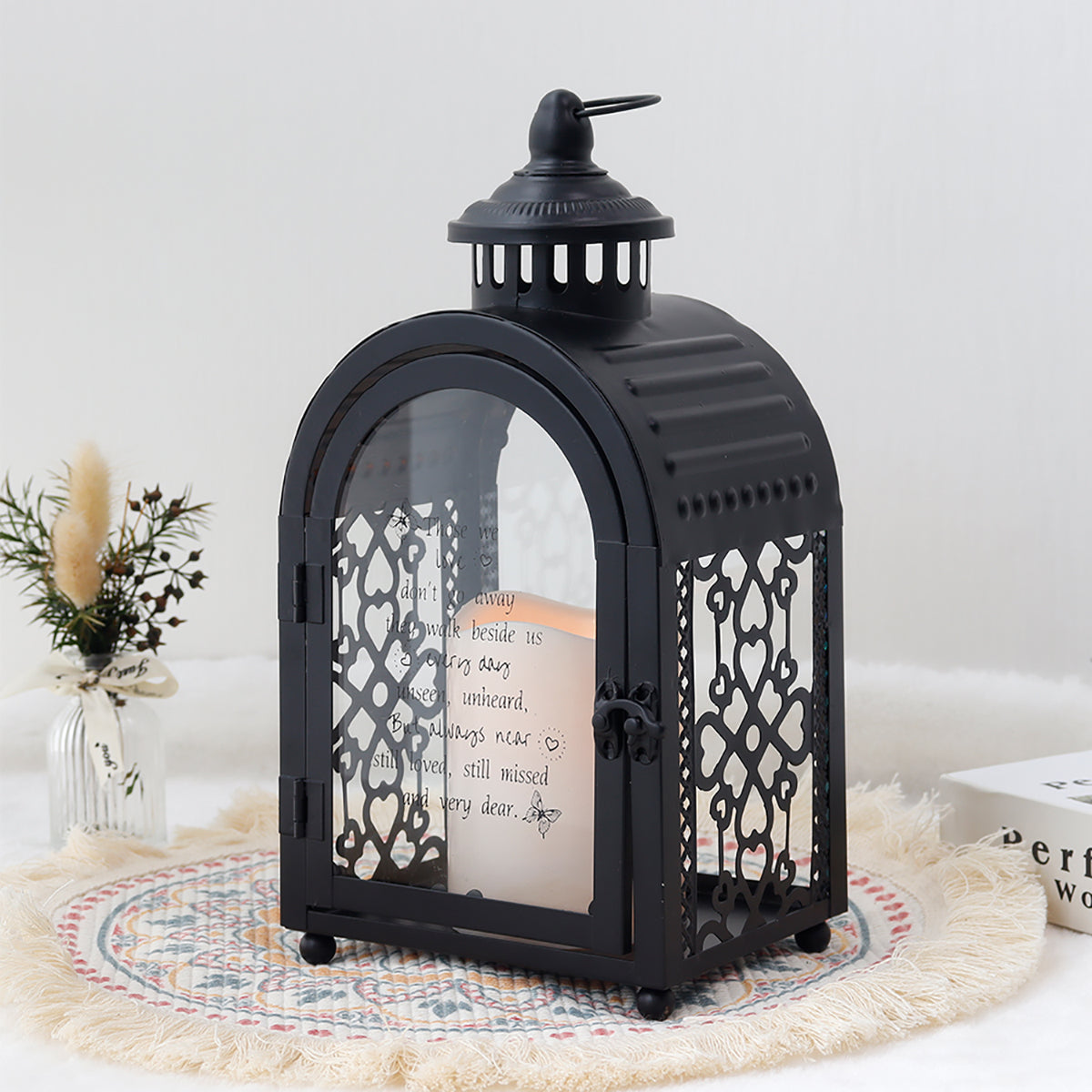 11''High Remembrance Lantern with Timer Candle Bereavement Sympathy Gift Memorial Lantern (Black)-2