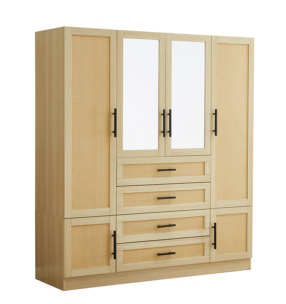 Natural Rattan Armoire Wardrobe – Wood 4-Door, 4-Drawer Closet with Mirrors, Hanging Rod & Shelves - PRHOMZ