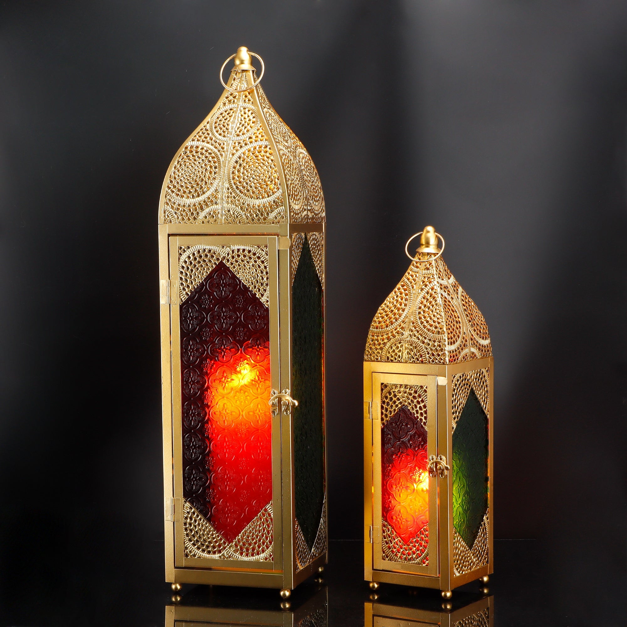 Set of 2 Moroccan Candle Lanterns - 23''&15.5'' H, Hanging, Embossed Colored Tempered Glass, Ramadan Decor for Home, Indoor/Outdoor, Patio & Weddings-0