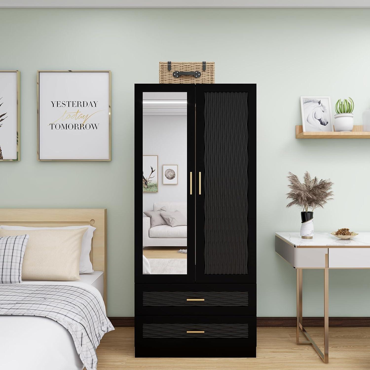 Modern Black Wooden Armoire Wardrobe with Mirror, 2 Doors, Drawers & Shelving | Large Capacity Closet for Bedroom - PRHOMZ