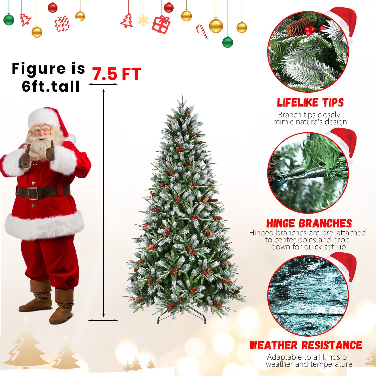 7FT Christmas Tree With 2178 Tips, Red Berries & Pine Cones