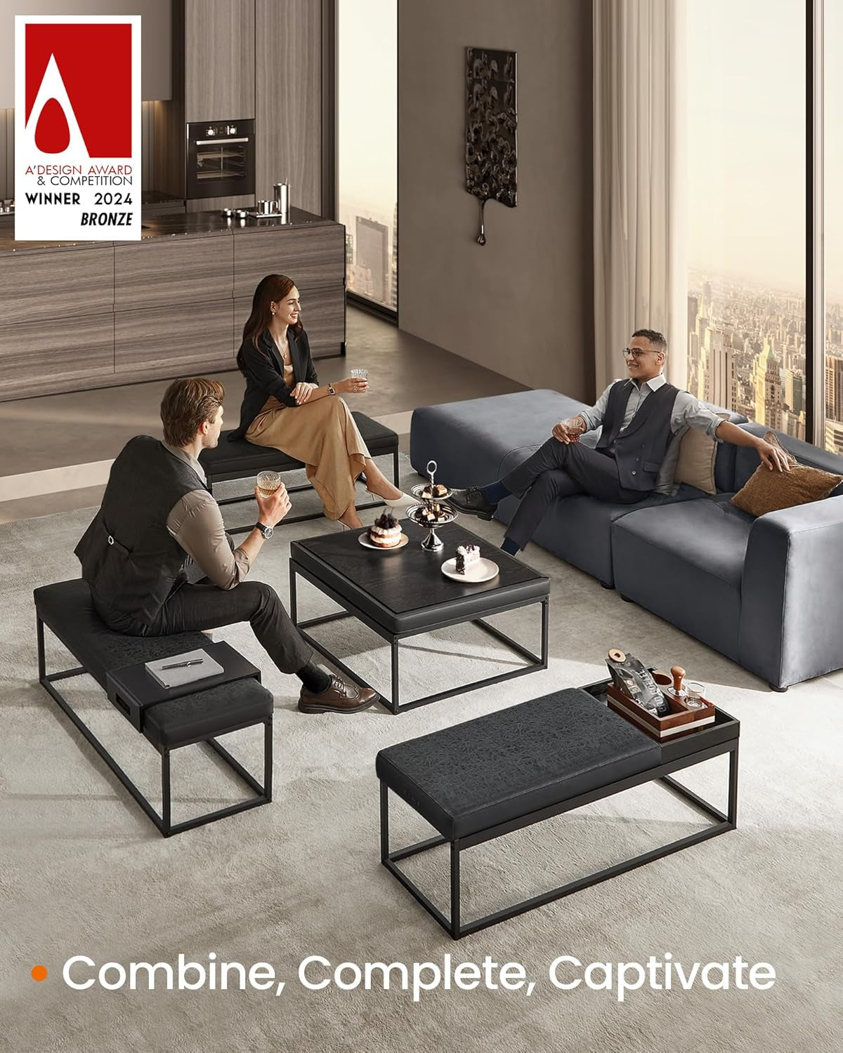 Ink Black Modular Ottoman Coffee Table Reversible Top