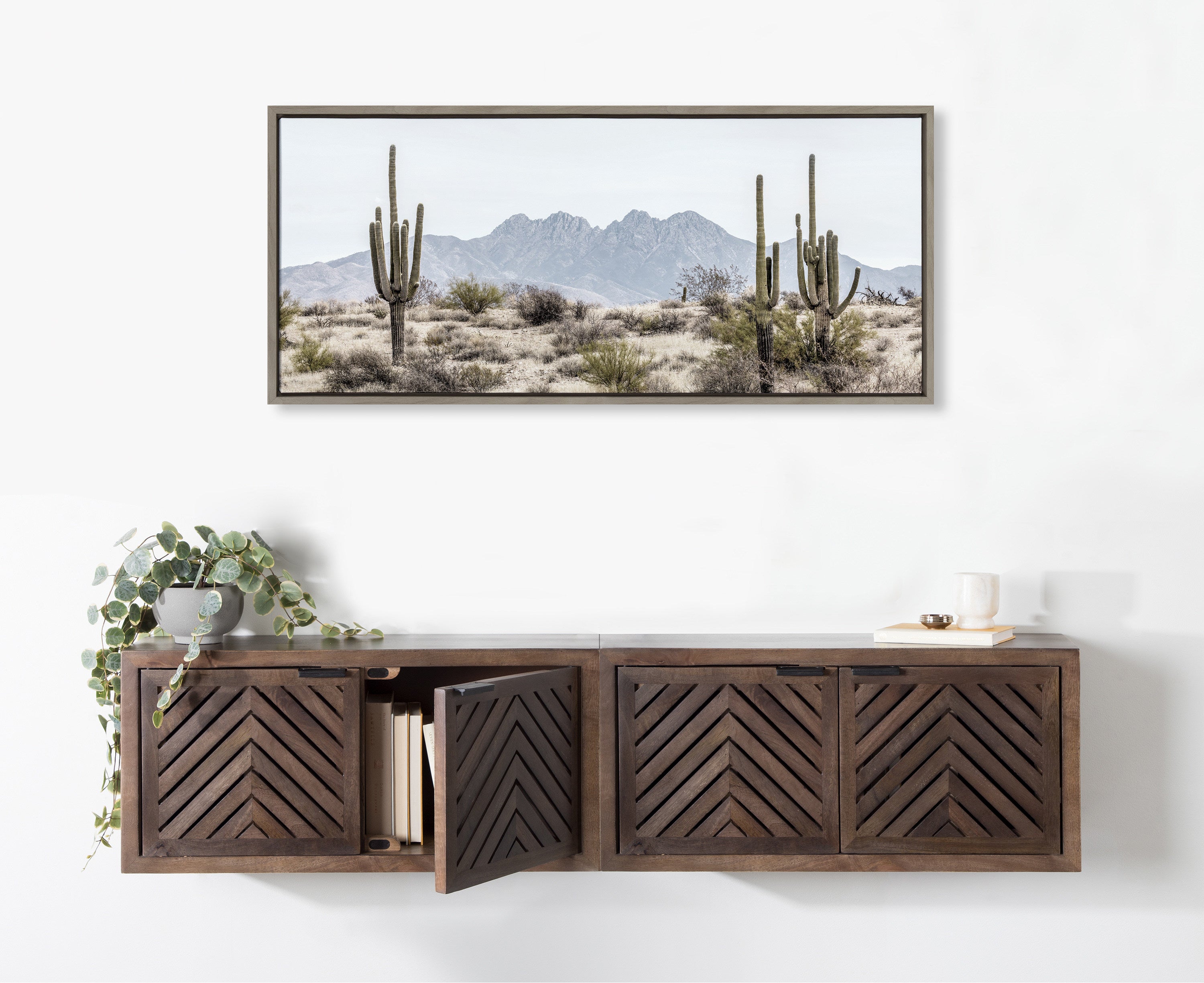 Sylvie Tall Saguaro Cacti Desert Mountain Framed Canvas by The Creative Bunch Studio