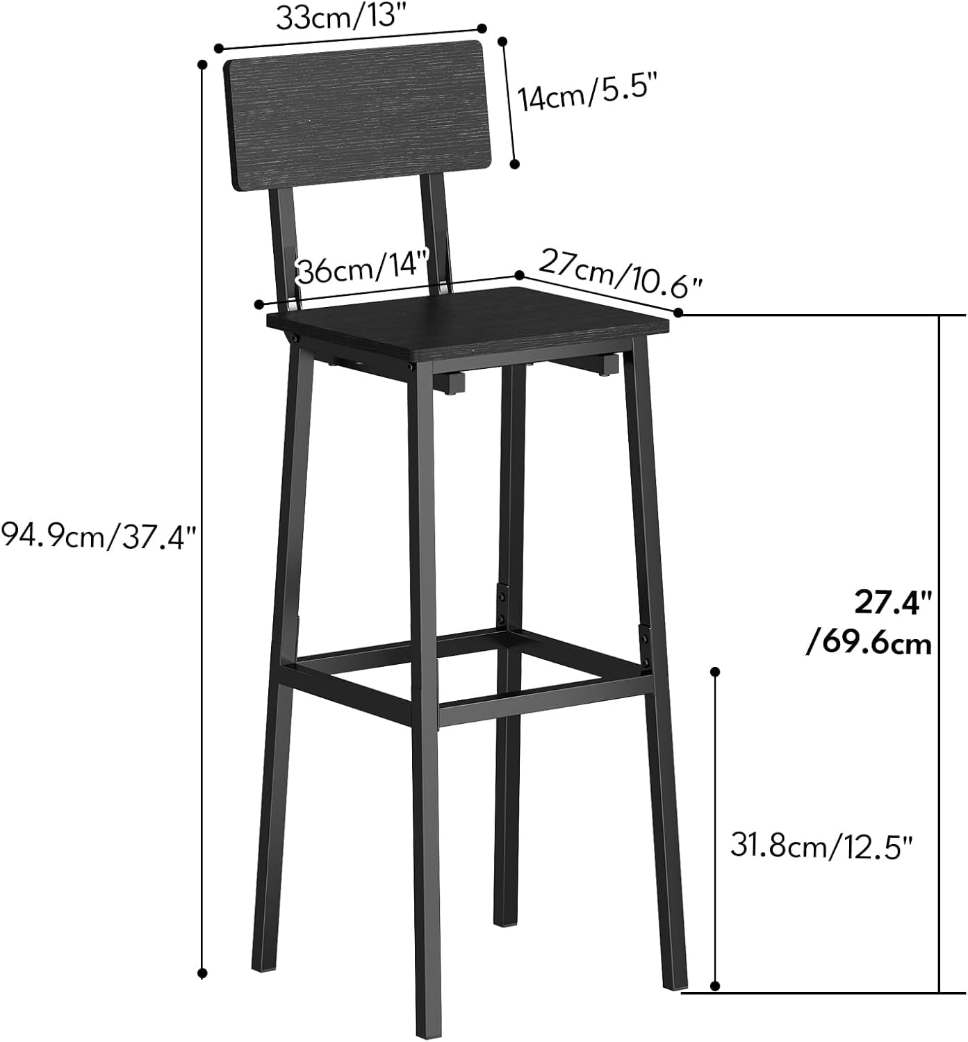 Industrial Tall Bar Stool Set Backrest Footrest Black