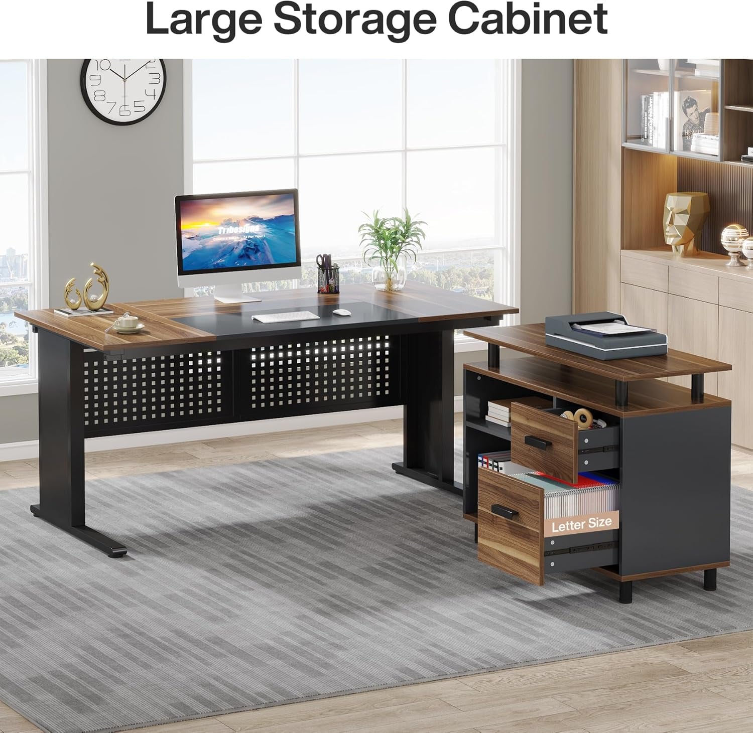 63 Inch L Shaped Desk With File Cabinet For Home Office