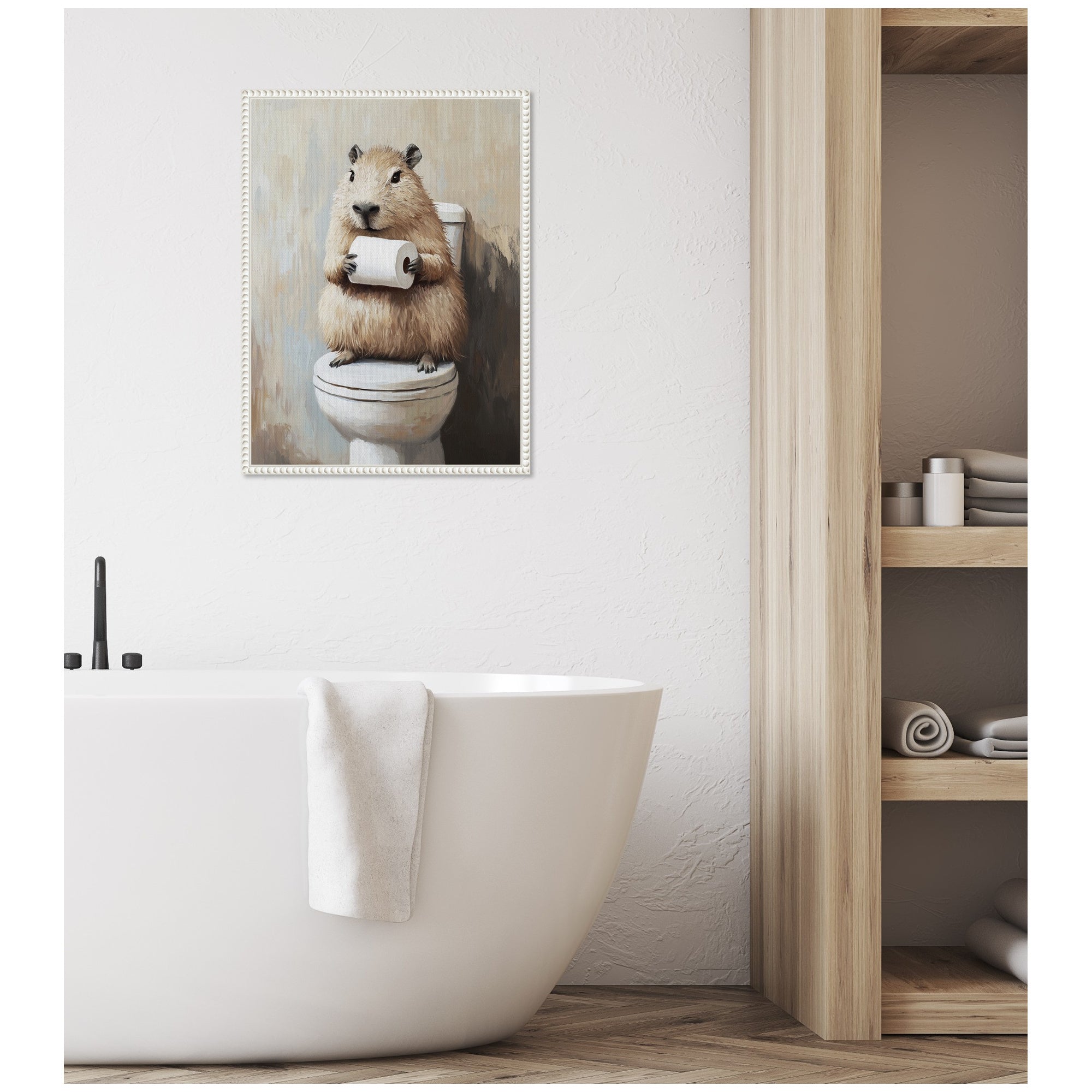 Sylvie Capybara Angled Holding Toilet Paper Roll Toilet Bathroom Art Framed Canvas by The Creative Bunch Studio