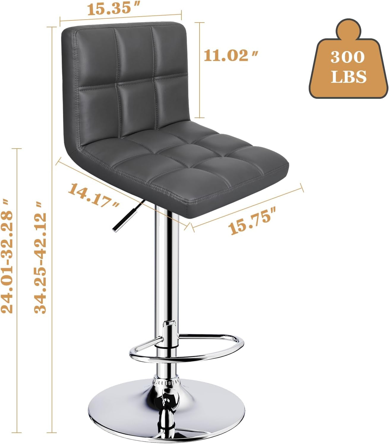 Grey Adjustable Swivel Bar Stools Set of 2 With PU Leather