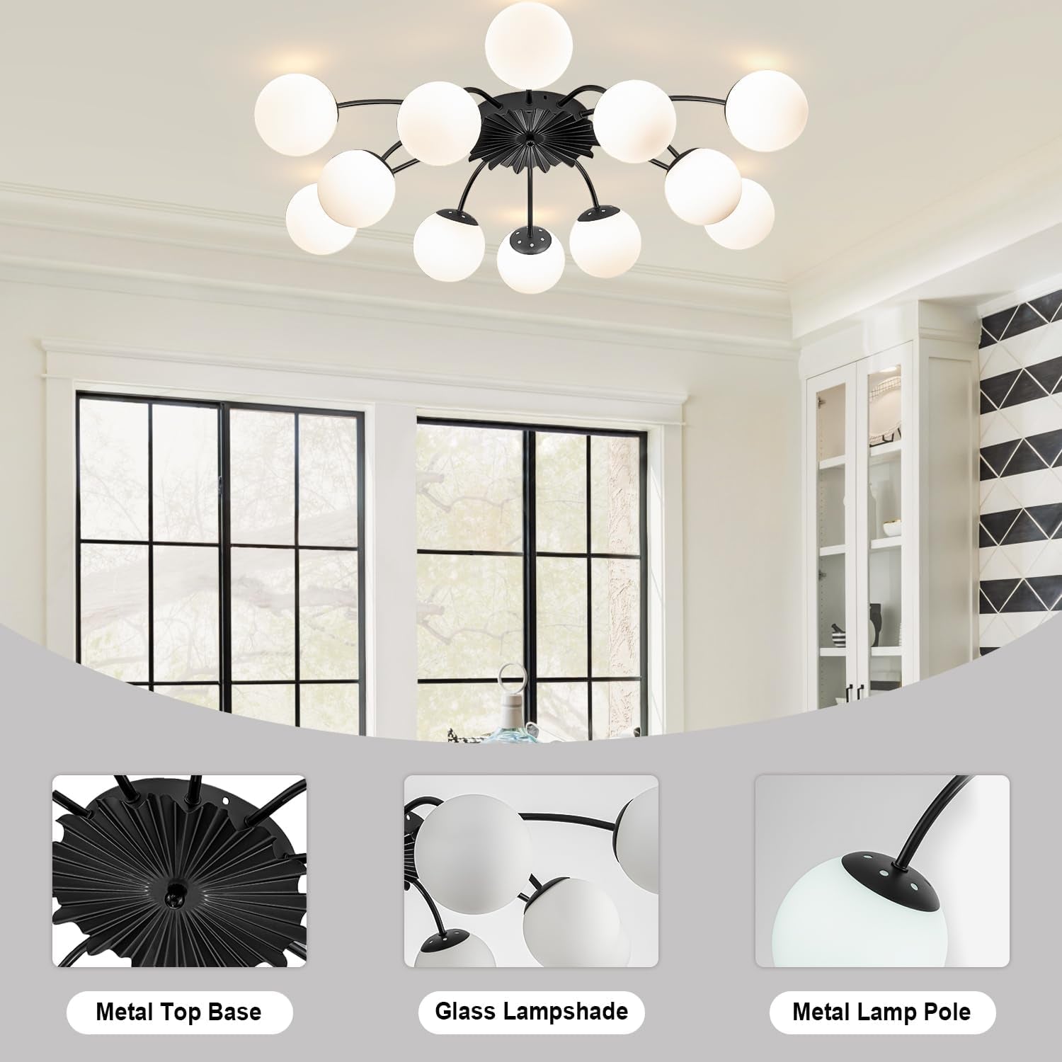 Milk Glass Sputnik Chandelier 12 Light Black Handblown-3