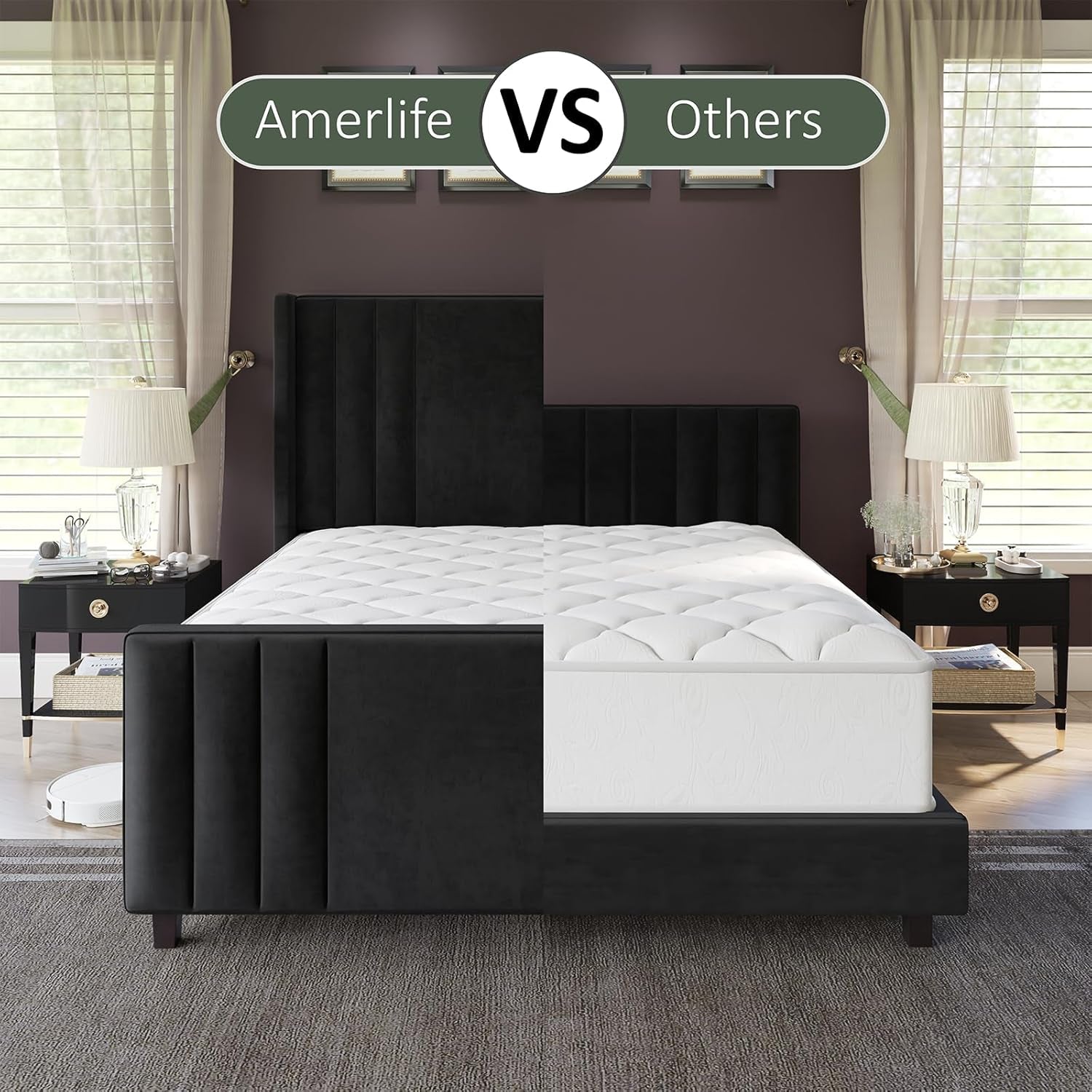 Velvet Queen Platform Bed Frame With Tufted Black Headboard