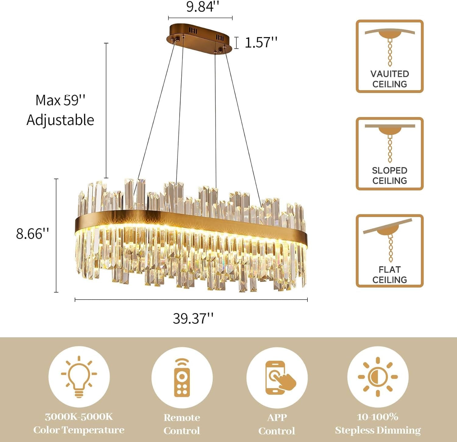 39.3 Inch Gold Crystal Chandelier Elegant Contemporary-2