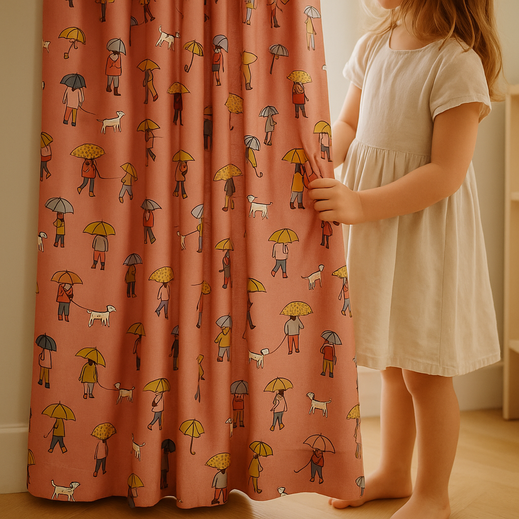Rainy Day Cotton Kids Curtains – Coral Umbrella & Dog Walker Print, Light-Filtering or 100 % Blackout-1