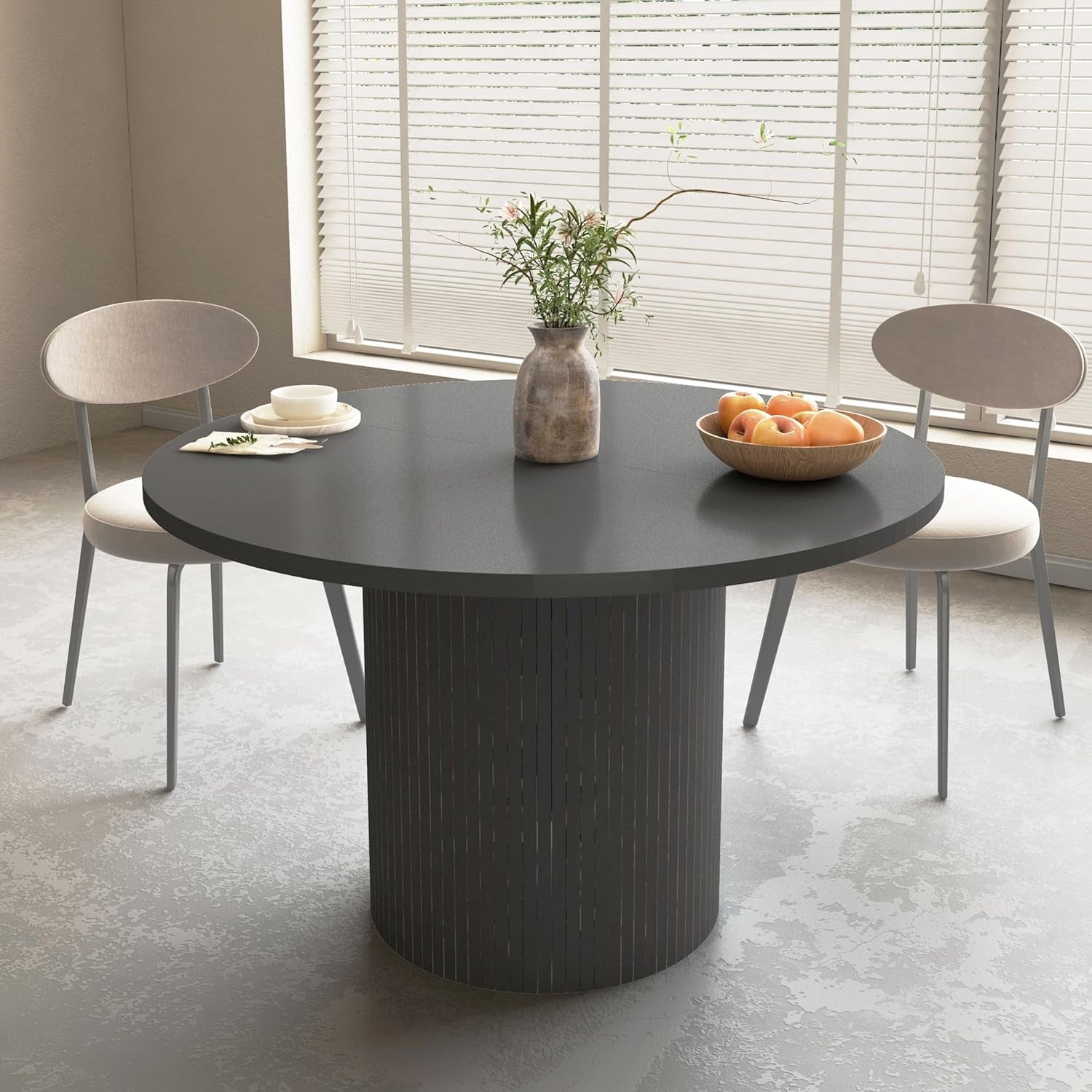 Round Dining Table For 4 47 Inch Black Wood Strip Base Kitchen Table