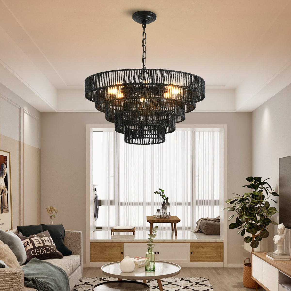 24" Rustic 5-Tier Black Pendant Light Chandelier