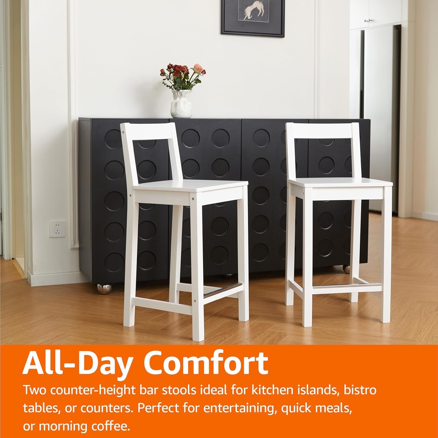 White Wooden Bar Stool With Backrest, Counter Height