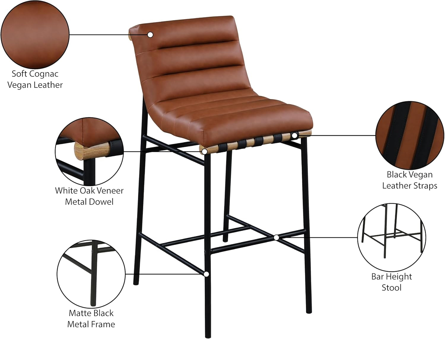 Burke Collection Modern Cognac Vegan Leather Bar Stool Matte Black Frame