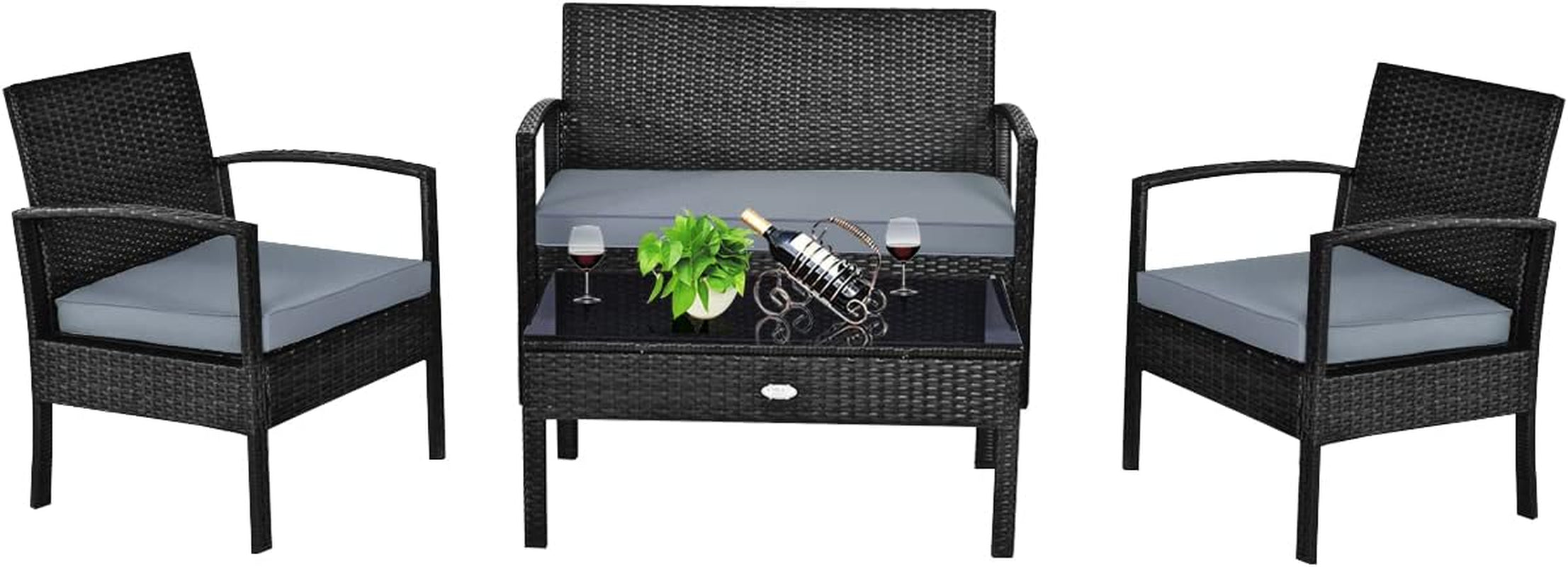 4 Piece Patio Rattan Furniture Set With Glass Coffee Table