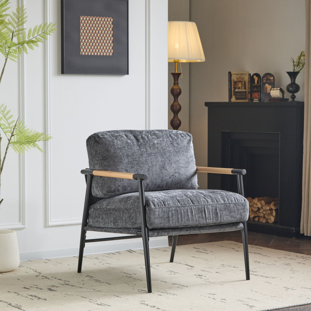 Modern Accent Chair with Plush Cushions and Wooden Armrests - Available in Multiple Colors
