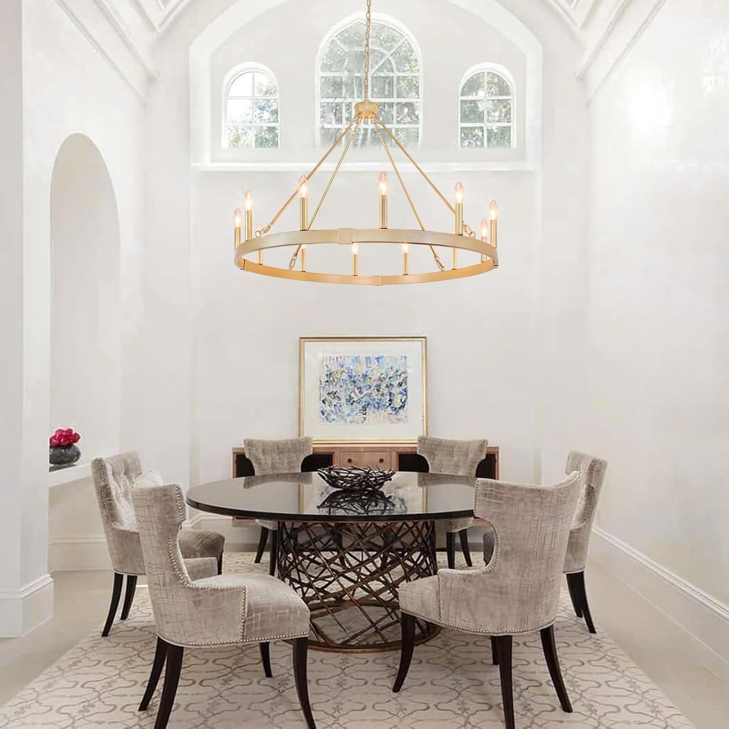 Gold Wagon Wheel Chandelier 37 Inch Antique 12 Light-1