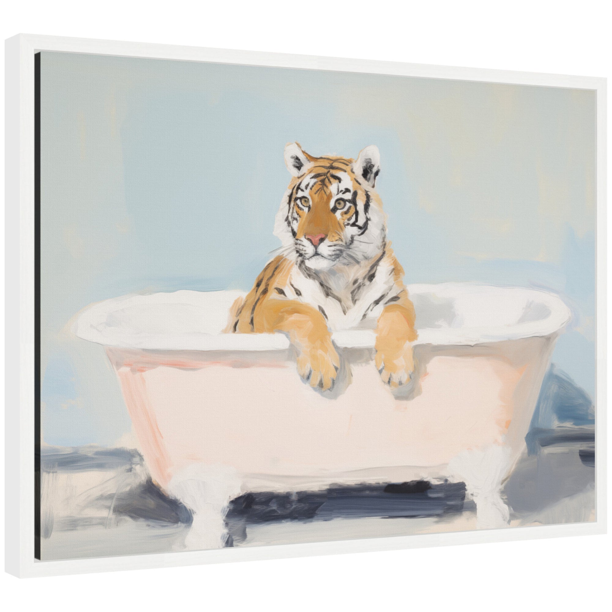 Sylvie Charming Boho Cottage Farmhouse Tiger in Bathtub Framed Canvas by The Creative Bunch Studio