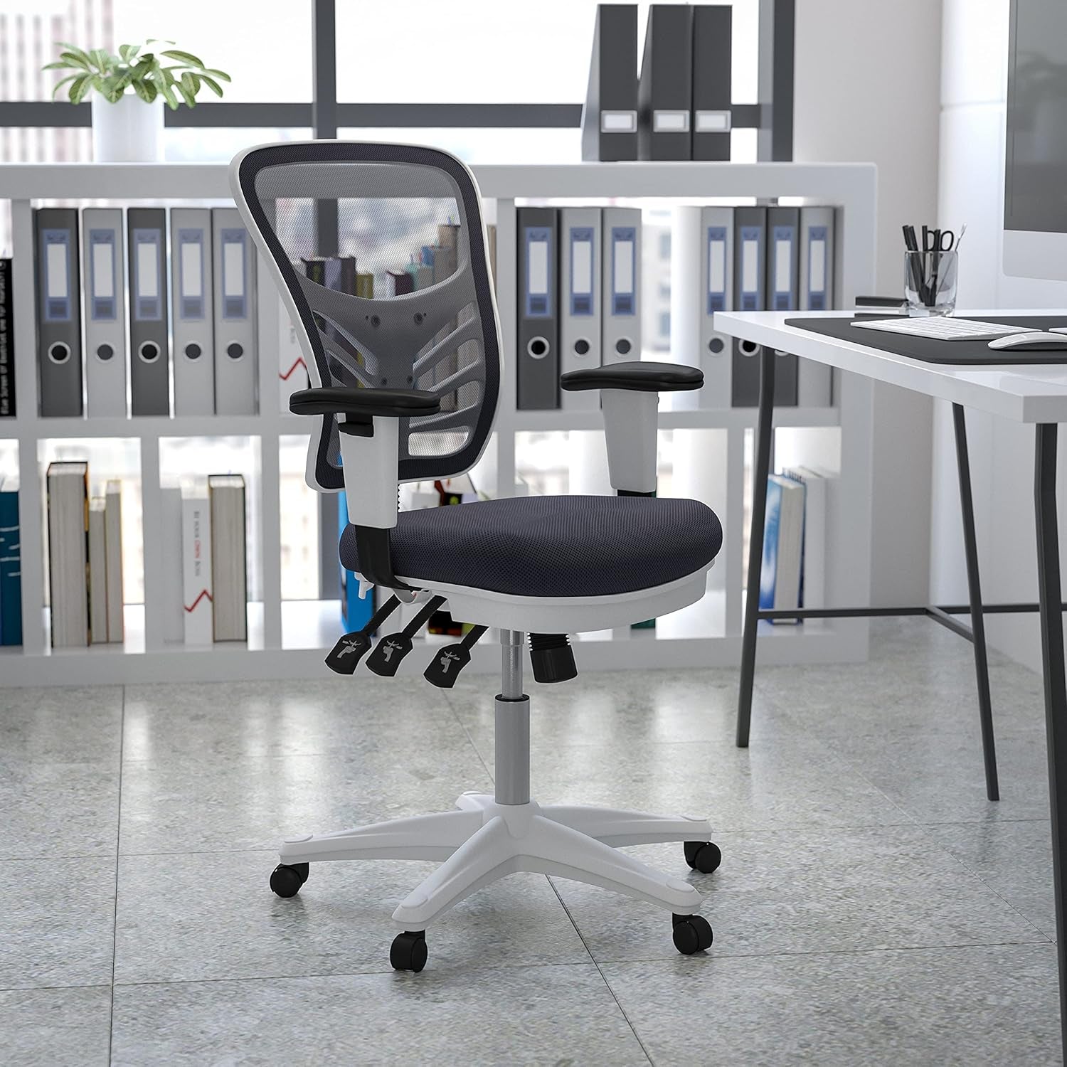 Nicholas Gray And White Mesh Mid Back Swivel Office Chair With Adjustable Lumbar