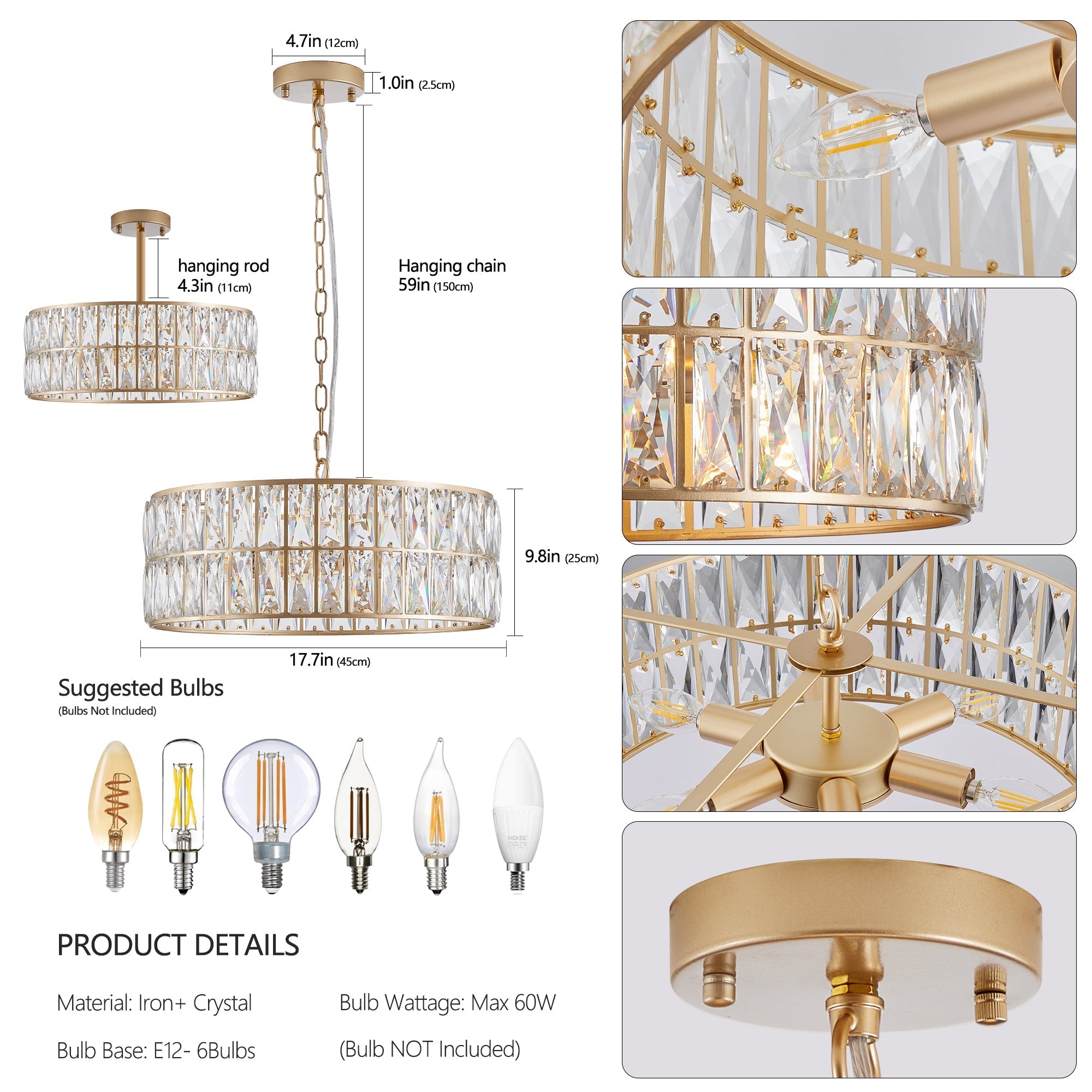 18' Golden Modern Crystal Drum Chandelier - 6-Light Pendant Lighting