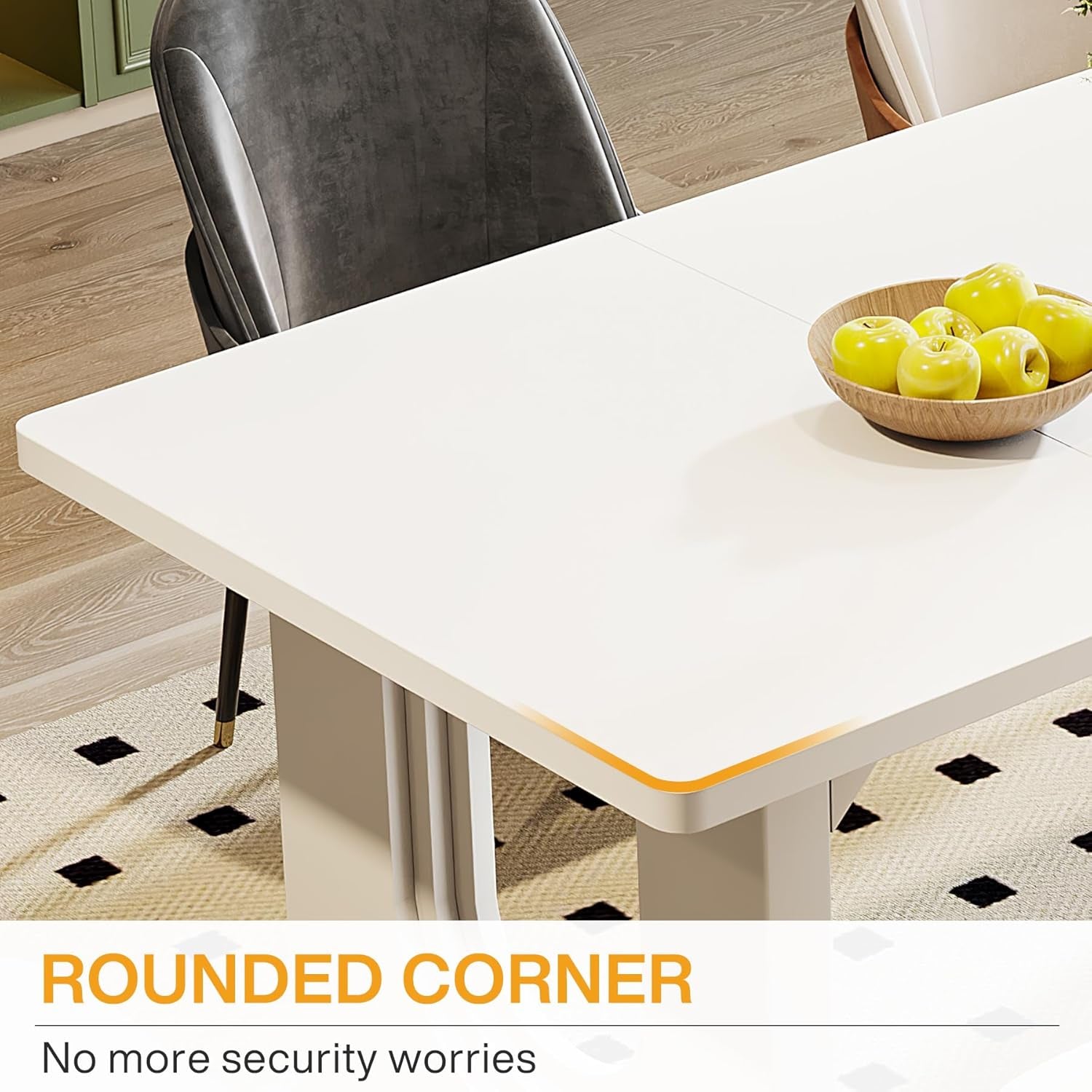 Modern White Dining Table 71 Inch With Wood Pedestal Base