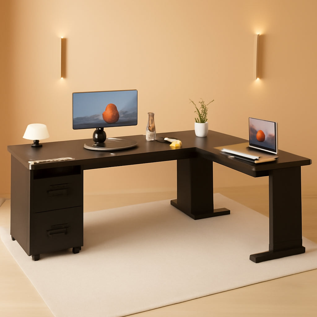 83 Inch L Shaped Desk With 3 Drawer File Cabinet Office