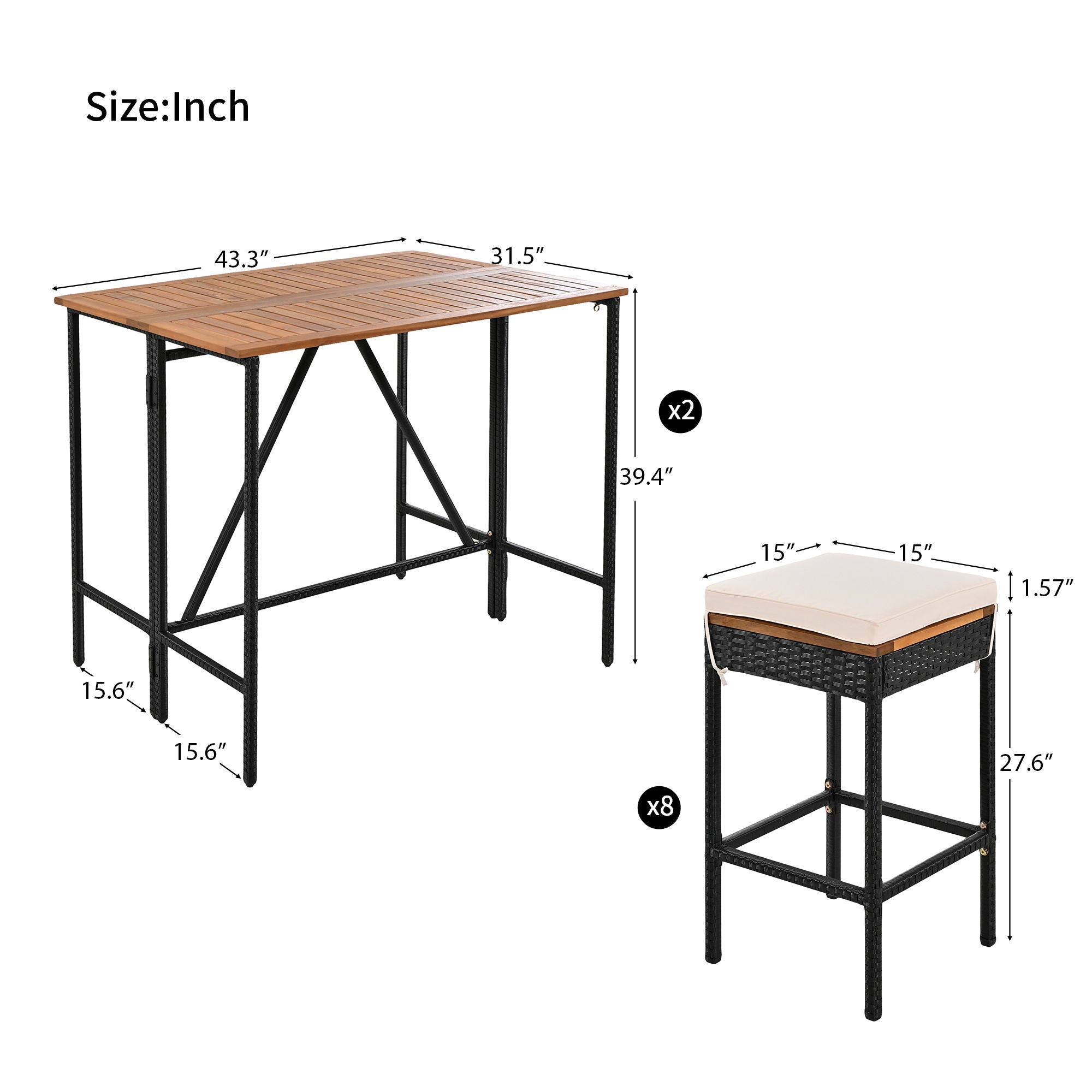 Outdoor Acacia Wood Bar Height Table and Eight Stools with Cushions