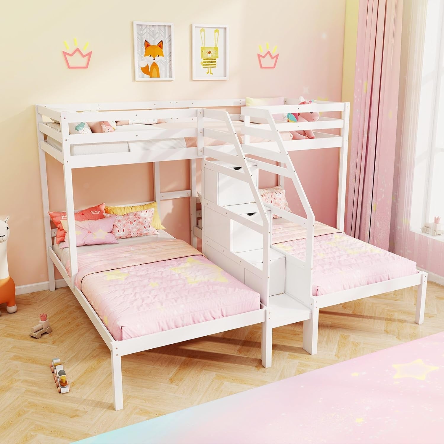 White Solid Wood Triple Bunk Bed With Storage Stair
