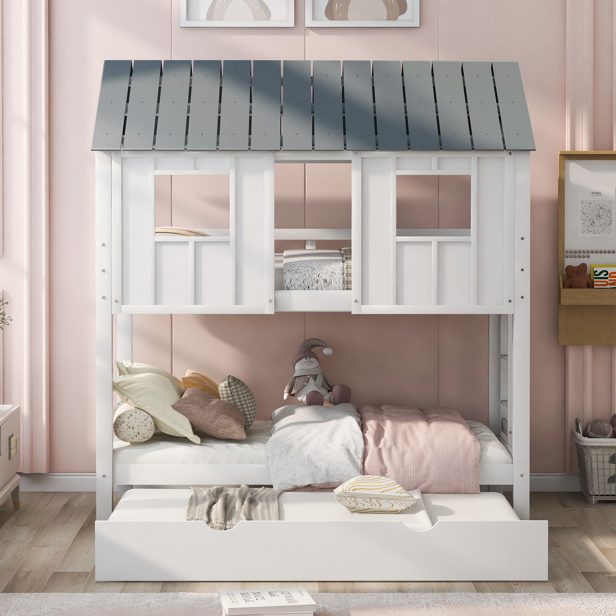 Twin Size House Bunk Bed With Trundle, Roof And Windows - White / Gray