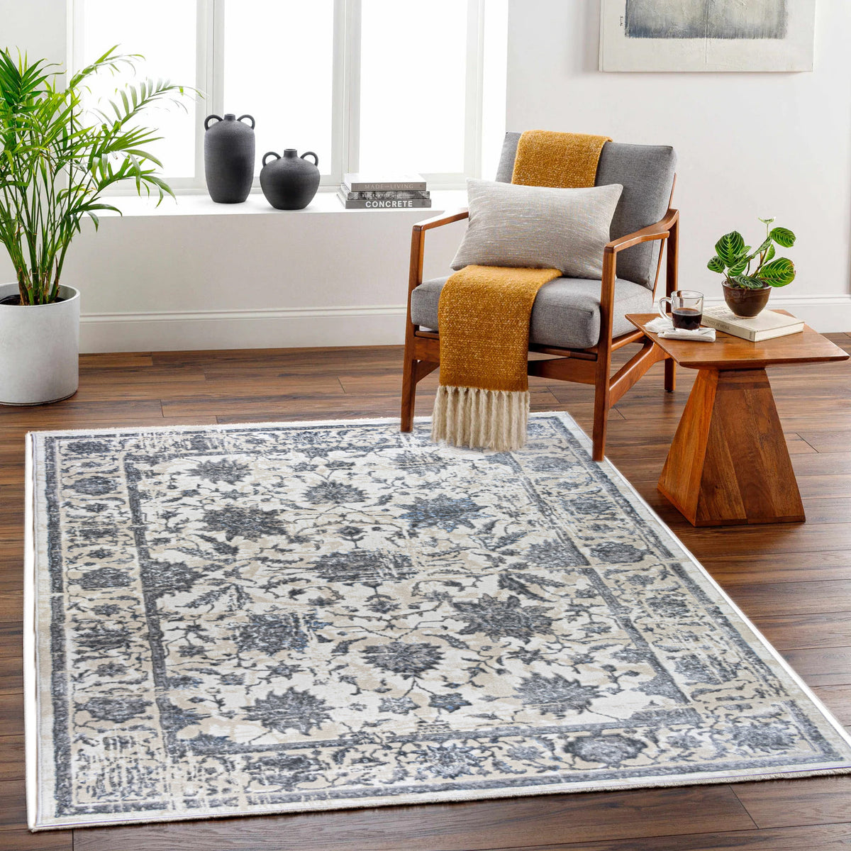 ROY's Home High&Low Area Rugs, Big Flower Vintage Lines Effect, Shiny Dark and Silver Effect