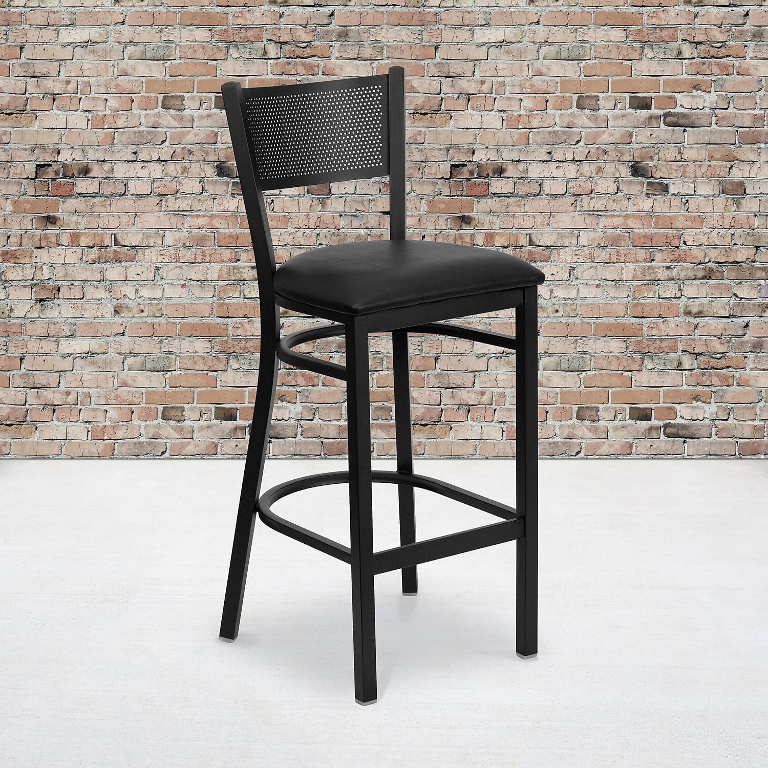 2 Pack Hercules Series Black Grid Back Metal Bar Stools With Black Vinyl Seat Commercial Grade