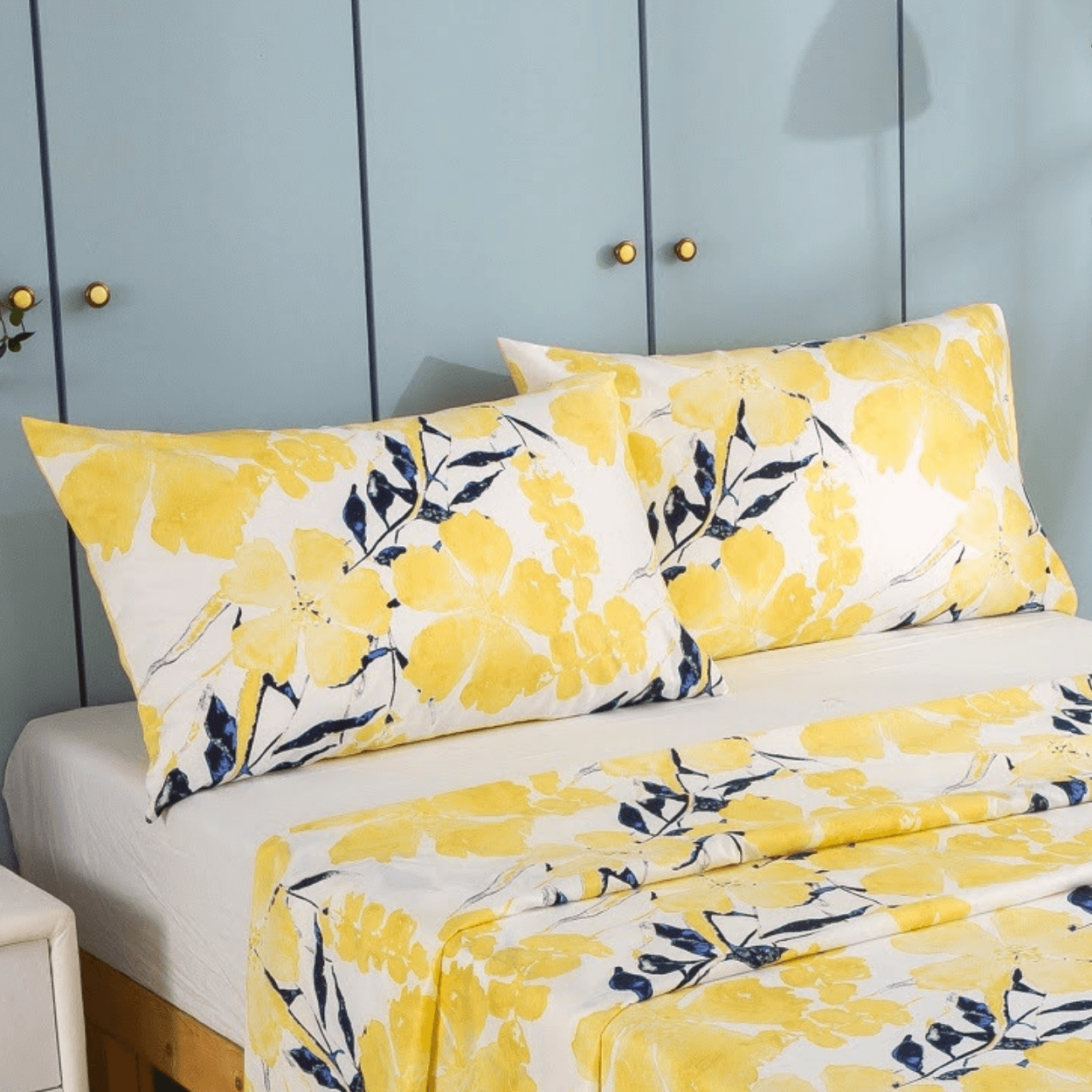 Tache Microfiber Watercolor Tropical Floral Yellow Blue Fitted Sheet / Flat Sheet (JHW-841)