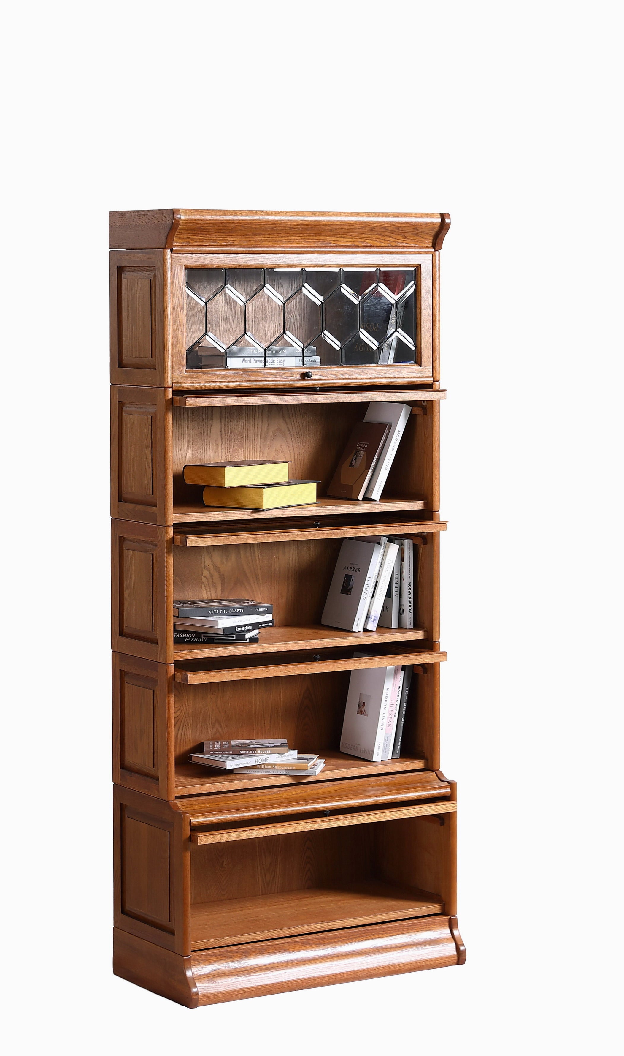 Mission Style Oak Barrister Bookcase 5 Stack-Leaded Glass in 2 Colors