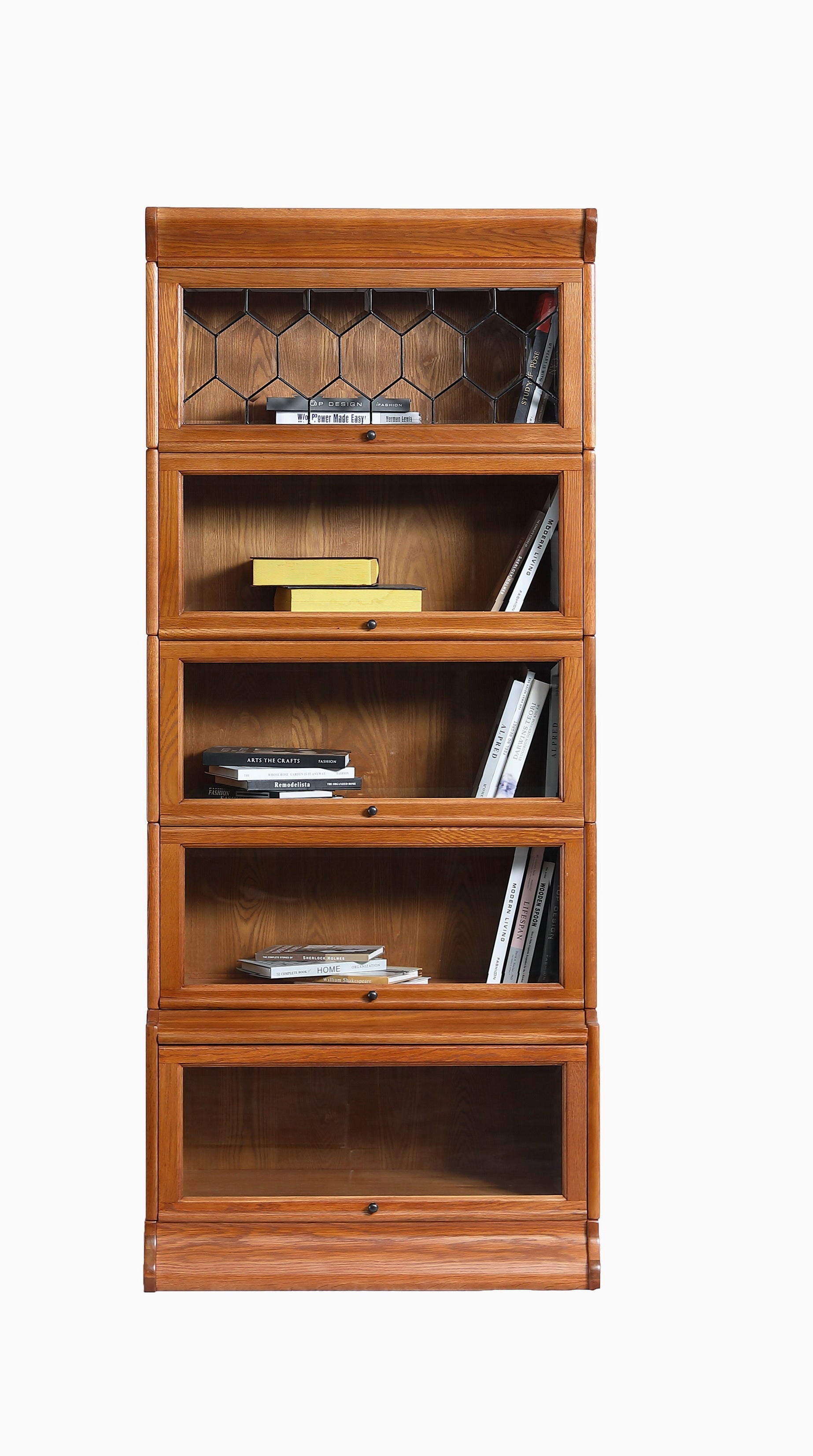 Mission Style Oak Barrister Bookcase 5 Stack-Leaded Glass in 2 Colors