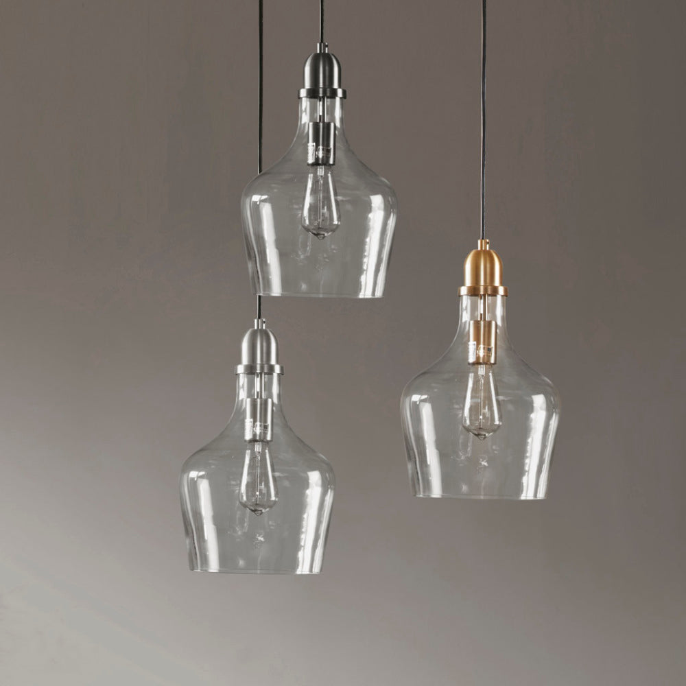 Bell Glass Pendant Light – Gold, Bronze or Silver Metal Base, Clear Glass Shade & Adjustable Cord | 9" Dia