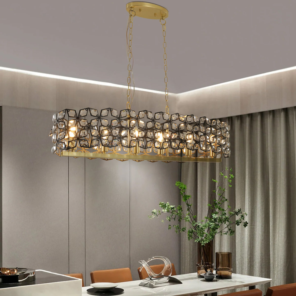 39" Contemporary Crystal and BlackGold Pendant Chandelier