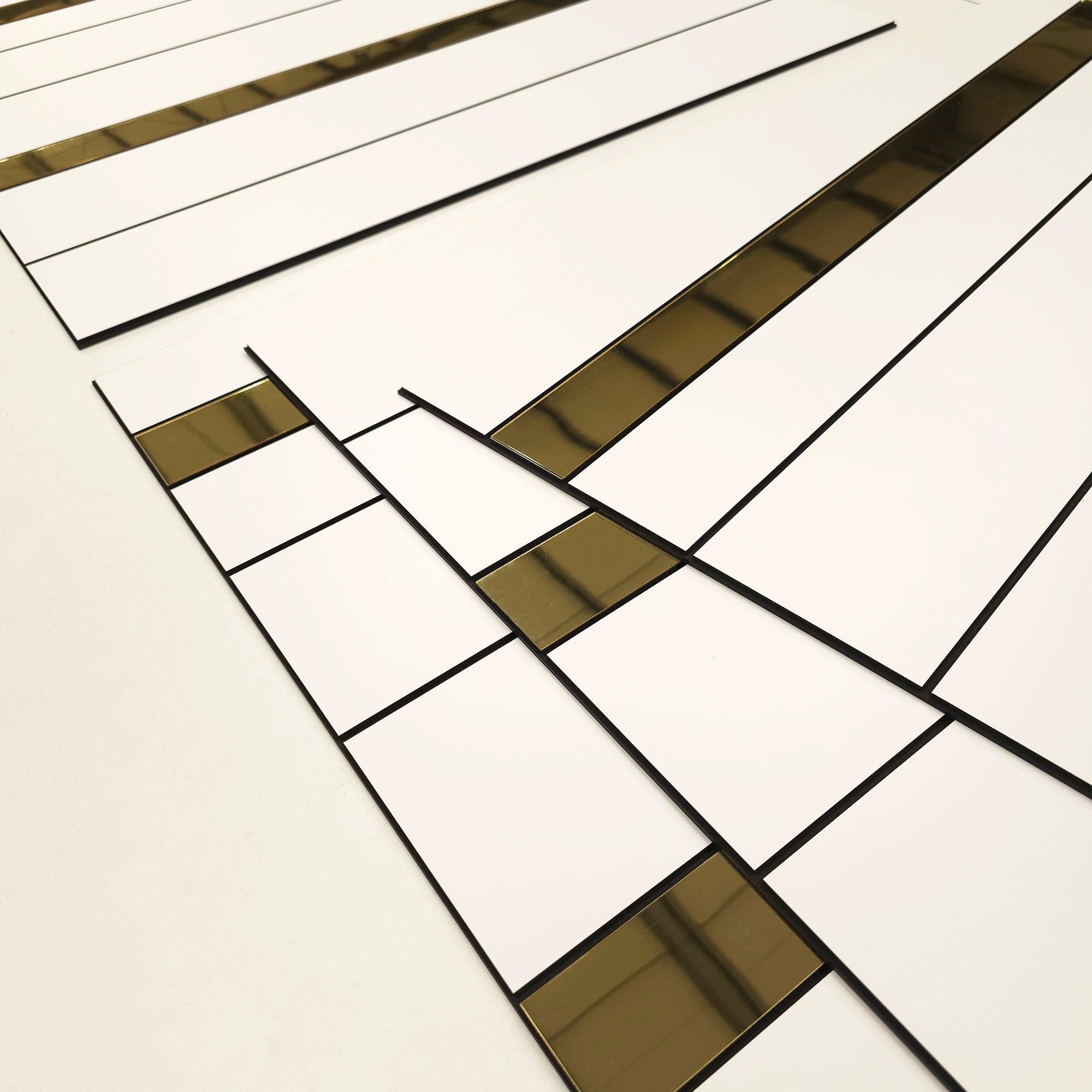 White and Gold Bars Squares 3D Wall Panels - PRHOMZ