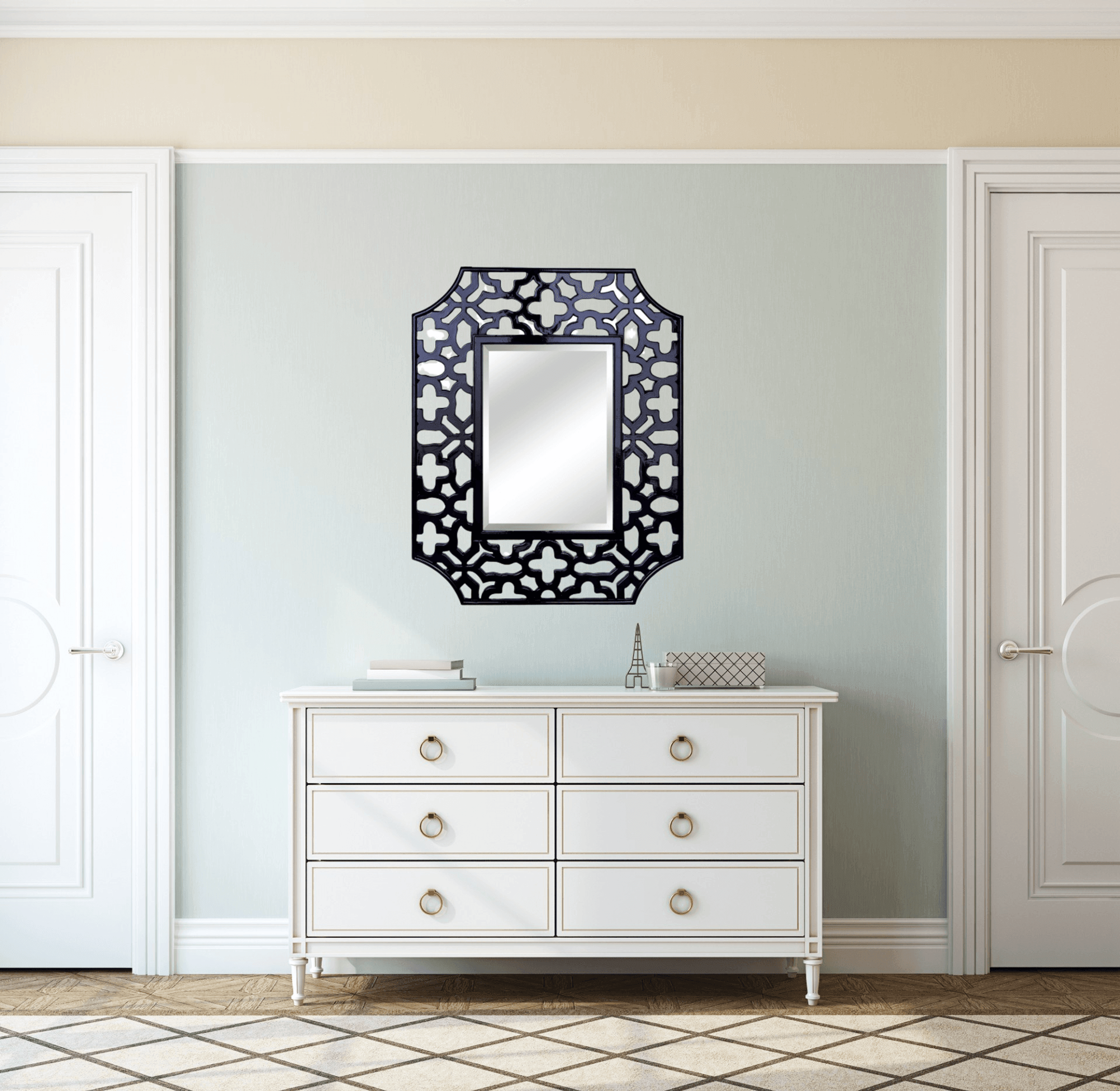 Olivia Large Glossy Black Wall Mirror With Beveled Glass - PRHOMZ