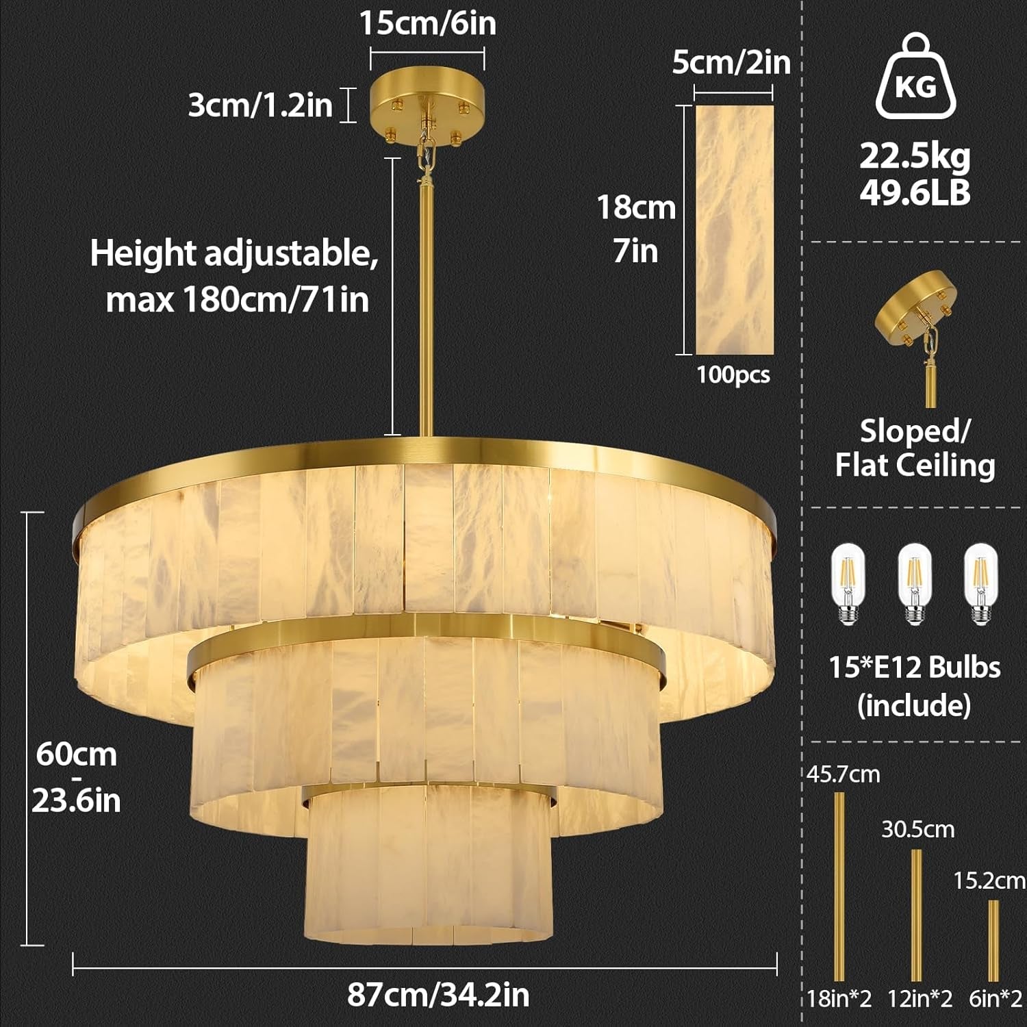 Alabaster 3 Tier Chandelier 34 Inch Gold Finish Fixture-3