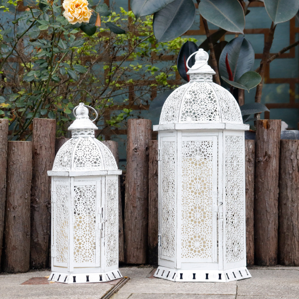 2 Set of 15 and 19.5"High White Rustic Metal Lanterns-3