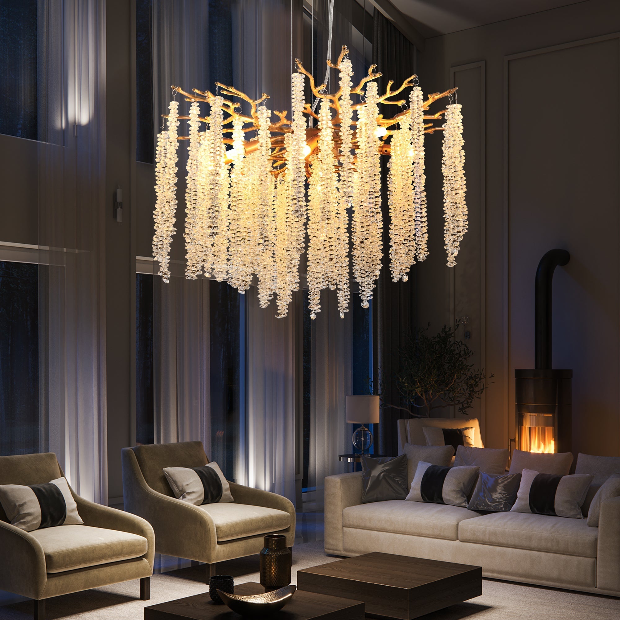 24-inch Modern Golden Pendant Light with Cascading Crystal Strands