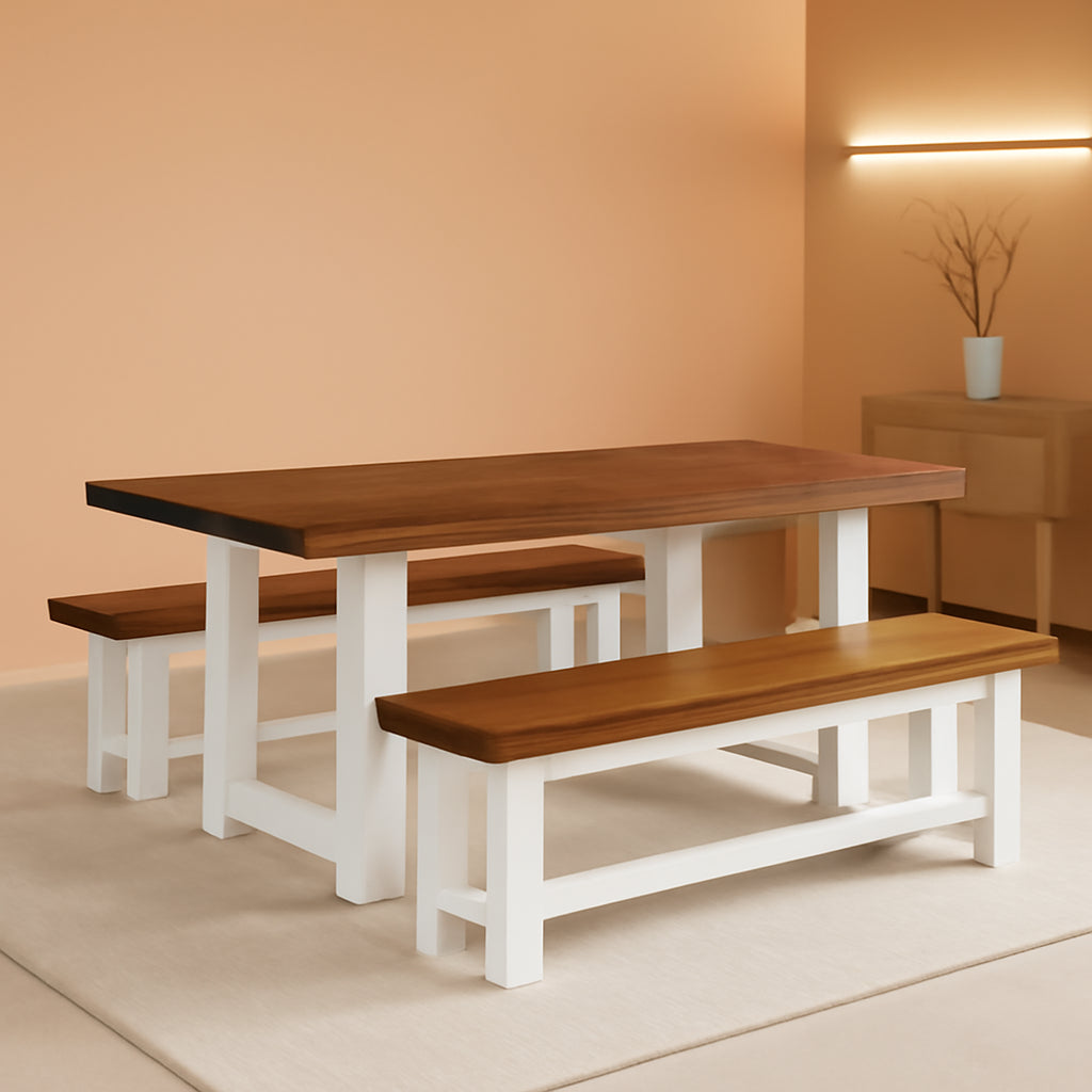 47 Inch Dining Table Set For 4 With 2 Benches Farmhouse White And Rustic Brown