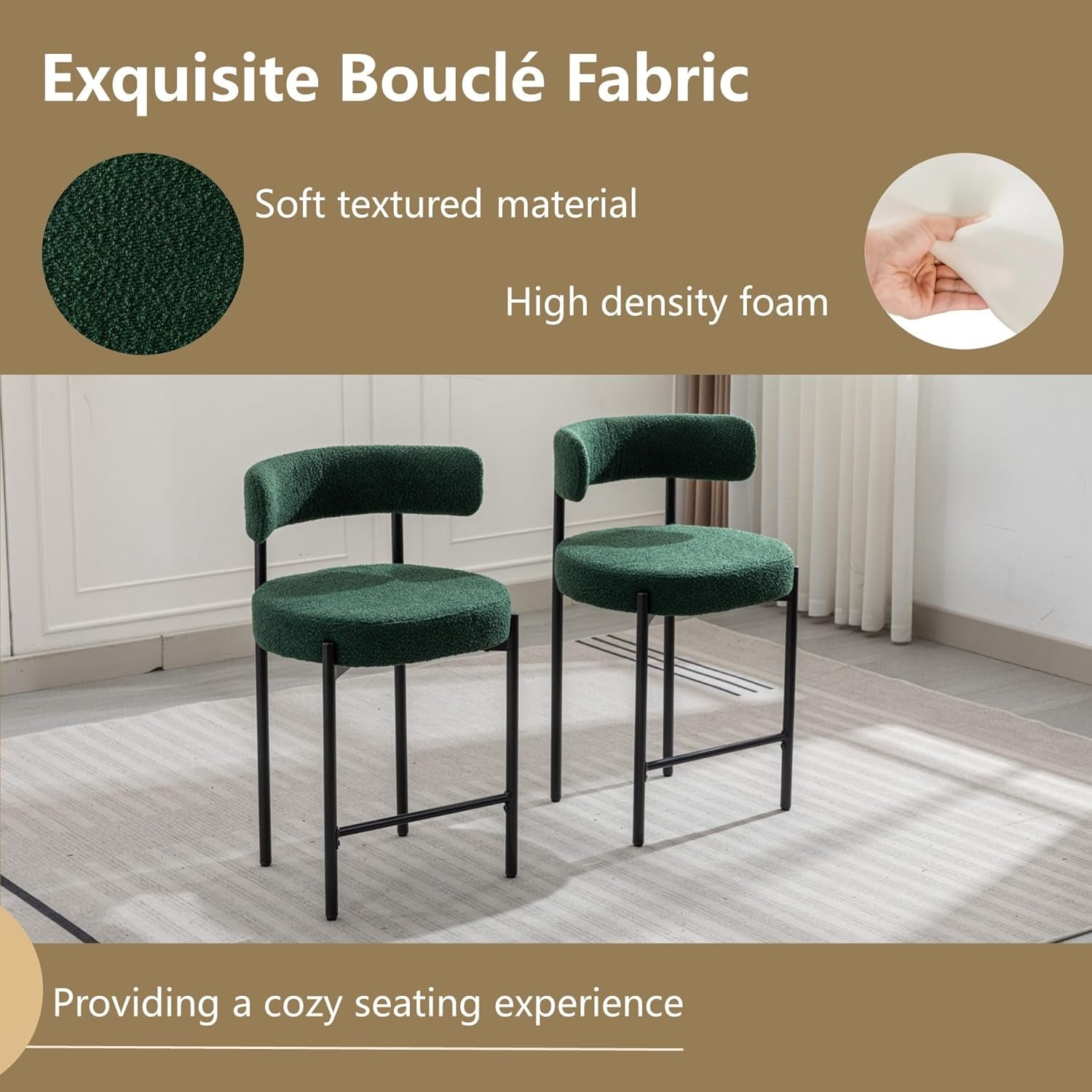 Green Boucle Counter Height Bar Stools Set of Three